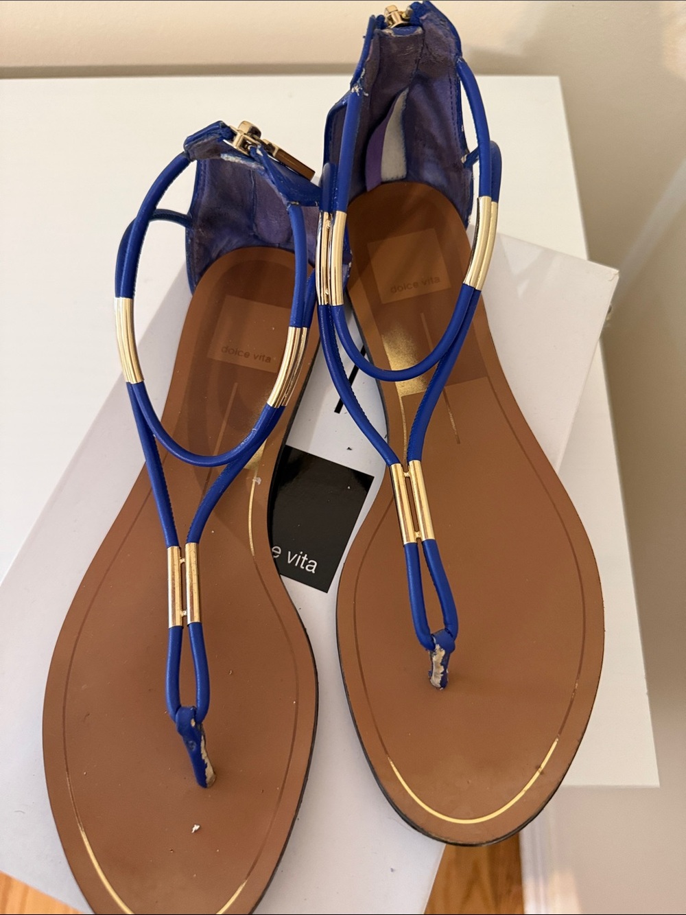 Dolce Vita Royal Blue Gold-Accent T-Strap Sandals